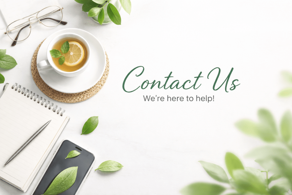 Contact home remedy guide page herbal tea, notebook, and green leaves on a clean white desk
